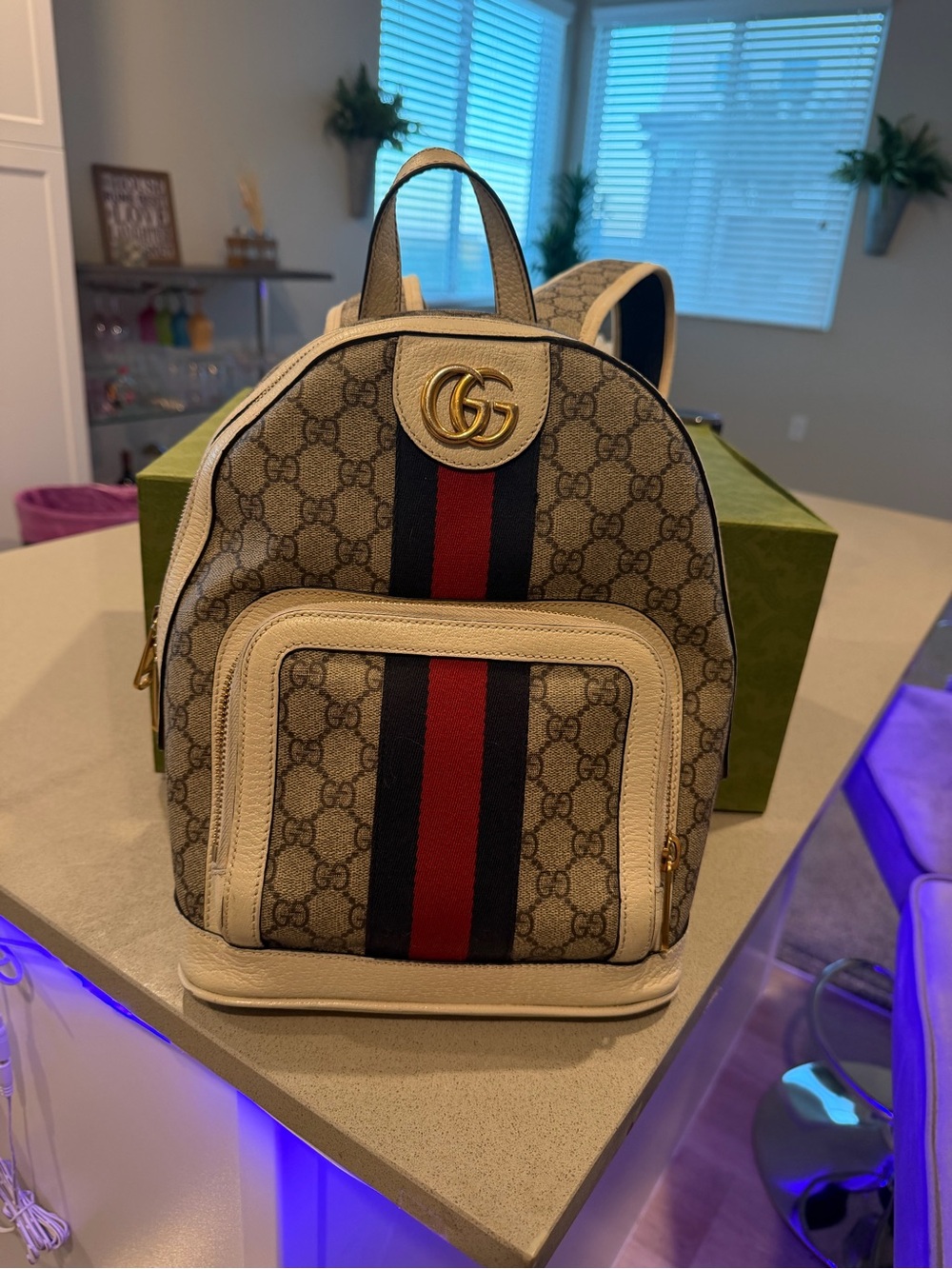 Gucci Beige GG Canvas Backpack with Red & Navy Web Stripe